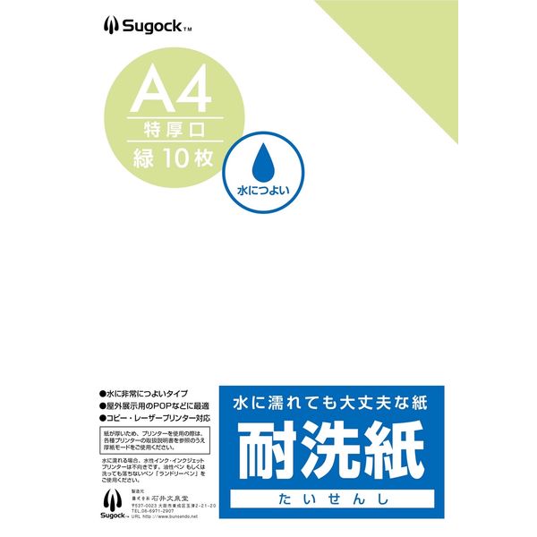 【クリーニング用品】石井文泉堂　耐洗紙　A4サイズ　緑色（無地） 1セット(50枚入)（直送品）