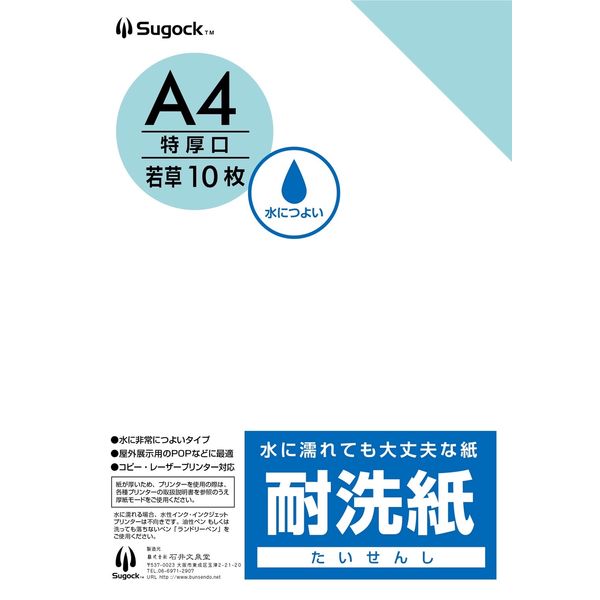 【クリーニング用品】石井文泉堂　耐洗紙　A4サイズ　若草色（無地） 1セット(50枚入)（直送品）