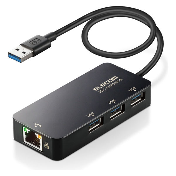 LANアダプター 有線 タイプA Giga USBハブ付 (USB-A×3) ブラック EDC
