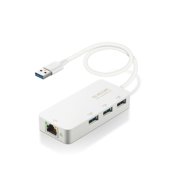 LANアダプター 有線 タイプA Giga USBハブ付 (USB-A×3) ホワイト EDC-GUA3H2-W エレコム 1個 - アスクル