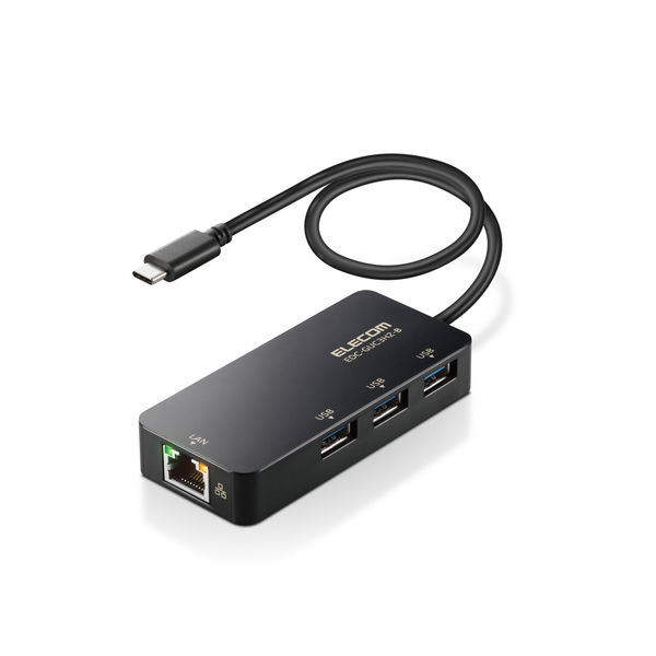 LANアダプター 有線 タイプC Giga USBハブ付 (USB-A×3) ブラック EDC 