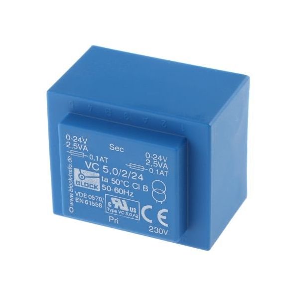 基板実装用トランス 一次側:230V ac 二次側:24V 定格電力:5VA， VC 5/2/24 出力数:2 1ロット(48個)（直送品）