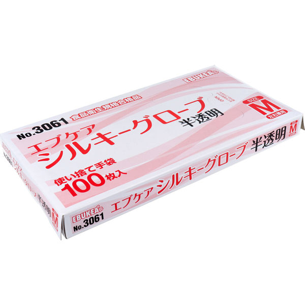 No.3061 エブケアシルキーグローブ 使い捨て手袋 半透明 箱入 Mサイズ 100枚入　1箱(100枚入)×10セット エブノ（直送品）