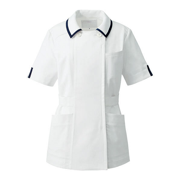 KAZEN レディスジャケット半袖 医療白衣 ホワイトxネイビー 7号 YW132-1（直送品）