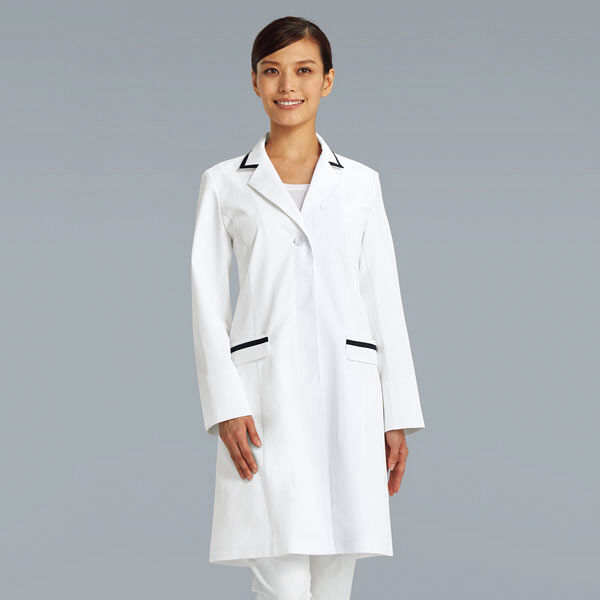 KAZEN レディス診察衣 医療白衣 長袖 ホワイト×ネイビー シングル（比翼ボタン仕様） LL KZN119-40（直送品）