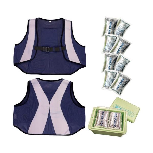 総メッシュクールベストセット:メッシュベスト(反射材付)ブラック+保冷剤8個入り+保冷ボックス付 5906F-OK0912OK0911-8（直送品）