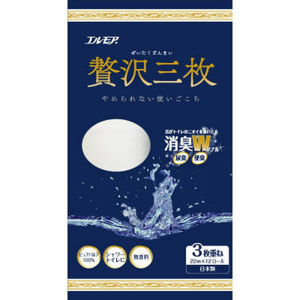 カミ商事 エルモア ぜい沢三枚トイレットロール 12ロール 3枚重ね×100カット 4971633163072 1セット(12巻×8点)（直送品）