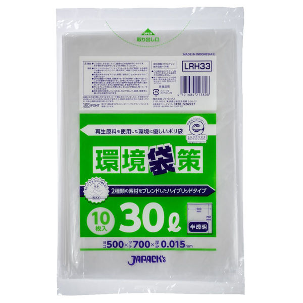 ジャパックス 環境袋策再生ポリ袋30L半透明 10枚 4521684213808