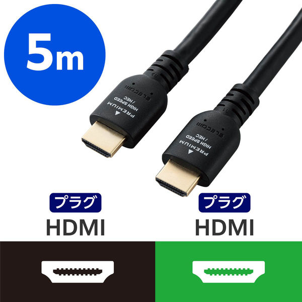 HDMI ケーブル 5m プレミアムハイスピード 4K 60Hz ブラック CAC-HDP50BK2 エレコム 1個（直送品） アスクル