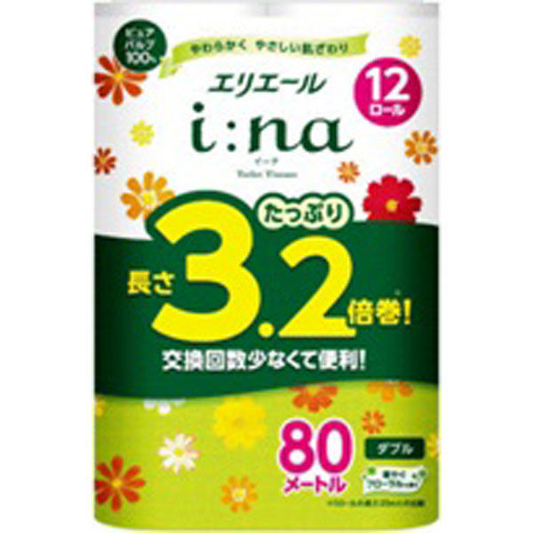 大王製紙 エリエールi:naトイレットティシュー3.2倍巻12R(ダブル) 4902011114478 1セット(12巻×4)（直送品）