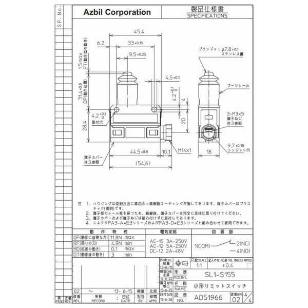アズビル リミットスイッチ SL1ーS155 1個（直送品） - アスクル