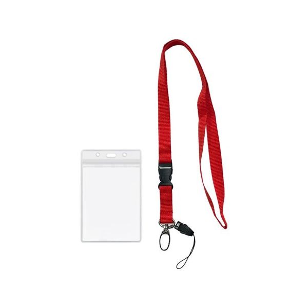 Trimate 平紐ネックストラップ 名刺・IDカード用ケース ストラップパーツ付き 縦型 レッド TR-STP025-RD 1個（直送品）