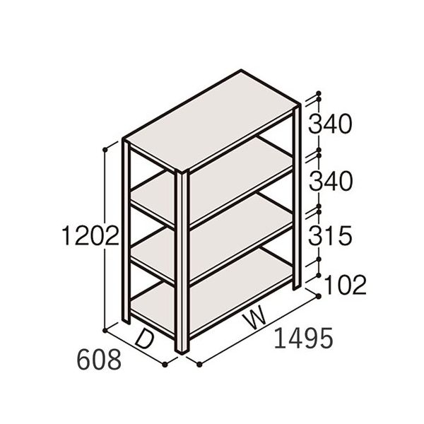 アズワン 軽量棚 ERR開放型 H1200×W1500×D600 有効棚 3段 67-5241-19 1個（直送品）