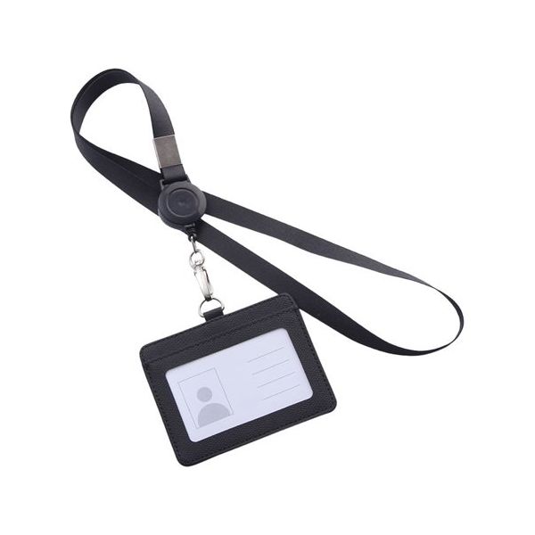 Trimate リール式平紐ネックストラップ 名刺・IDカードホルダー付き 横型 ブラック TR-STP023-BK 1個（直送品）
