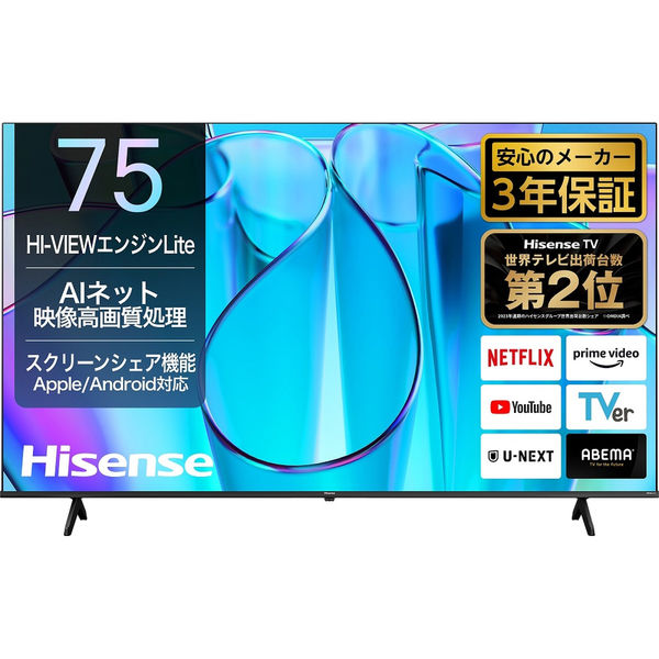 ハイセンス Hisense 4K液晶テレビ【75V型/4Kチューナー内蔵/地上・BS・CS】 75E6N 1台（直送品） - アスクル