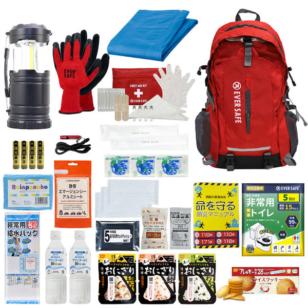 2025年新作入荷 防災セット 非常用持ち出し袋 EVERSAFEリュック レッド 1人用 非常用品・備品