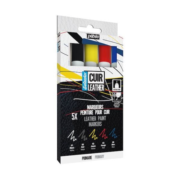 Pebeo セタカラーレザー(革用)マーカー プライマリーカラー(赤・青・黄・白・黒)5色セット 295687 1箱(1本)（直送品）