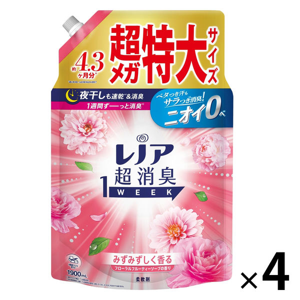 レノア 超消臭1WEEK フローラルフルーティーソープ 詰め替え  超メガ特大 1900mL 1セット（4個） 柔軟剤 P＆G【旧品】