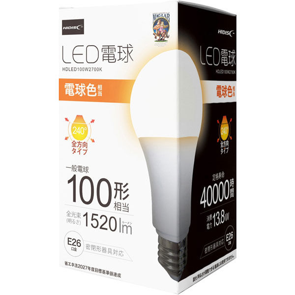 磁気研究所 LED電球 100W相当 全方向 4万時間タイプ 電球色 E26口金 10個入り HDLED100W2700K_10pcs（直送品）