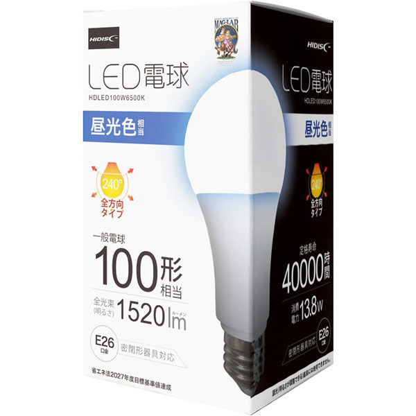 磁気研究所 LED電球 100W相当 全方向 4万時間タイプ 昼光色 E26口金 10個入り HDLED100W6500K_10pcs 1セット（10個入）