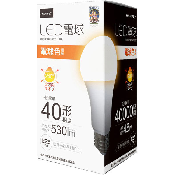 磁気研究所 LED電球 40W相当 全方向 4万時間タイプ 電球色 E26口金 HDLED40W2700K 1セット（2個入）（直送品）