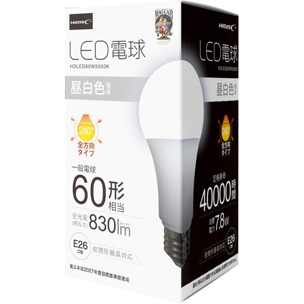 磁気研究所 LED電球 60W相当 全方向 4万時間タイプ 昼白色 E26口金 10個入り HDLED60W5000K _10pcs（直送品）