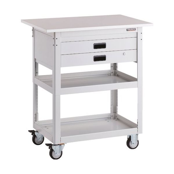 TRUSCO ツールワゴン ドルフィン 高さ調節式 天板付 900×600 2段引出 ホワイト ウレタン車輪 DLWS-A973TXU-W（直送品）