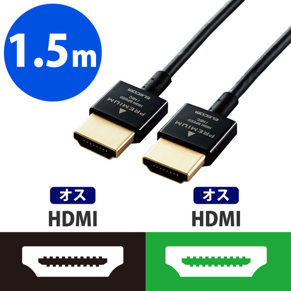 HDMIケーブル プレミアム 1.5m 4K対応 スリム小型コネクタ 高画質 イーサネット対応 CAC-HDPSS15BK エレコム 1個（直送品）