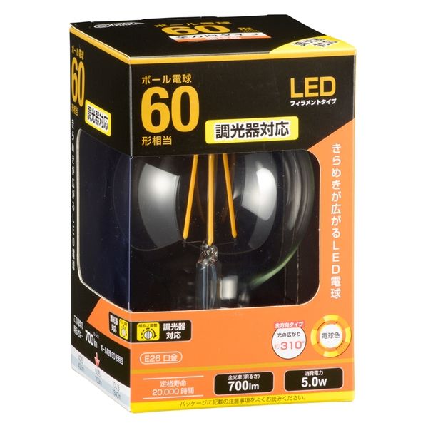 オーム電機 LEDフィラメントタイプボール球 E26 60形相当 電球色 調光 