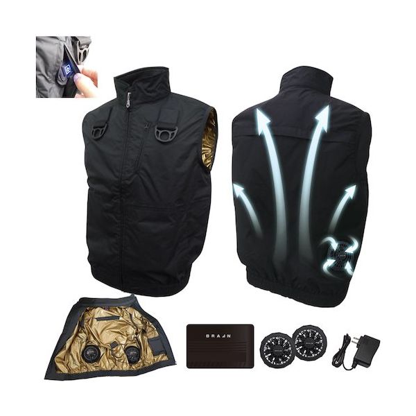 ブレイン 12V胸スイッチ式空調ベスト裏ゴールドチタン加工MーLサイズブラック MESHBR1201MLBK 1式 611-5016（直送品）