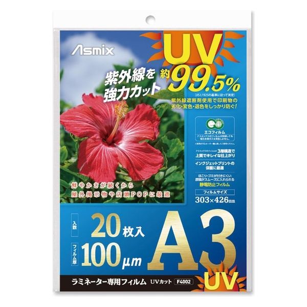 アスカ ラミネートフィルム A3サイズ 100μ 20枚入り F4002 1ケース(20個)（直送品）