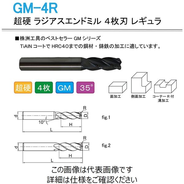 株洲ダイヤモンド切削工具 超硬 ラジアスエンドミル 4枚刃 レギュラ GM-4R-D10.0R1.0 1セット(2本)（直送品） - アスクル