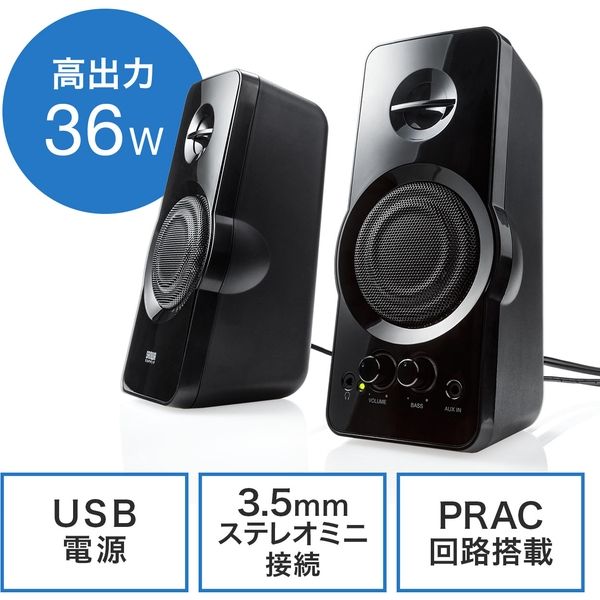 サンワダイレクト PCスピーカー（パソコンスピーカー・高出力36W・USB電源・テレビスピーカー・ハイパワースピーカー） 400-SP082  1個（直送品）