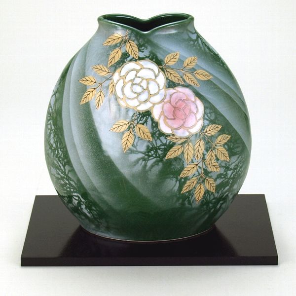 九谷焼 赤富士に鶴 台付 花瓶 フラワーベース 花器 日本製 ギフト