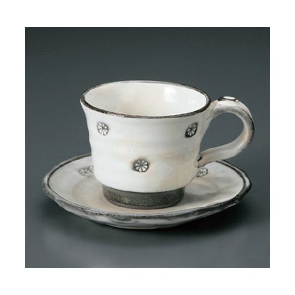 アースモス 美濃焼 和風コーヒーカップ 粉引印花コーヒー碗皿 [180cc] （2個入）（直送品）