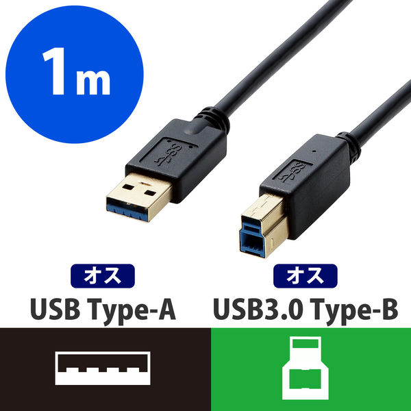 USBケーブル 1.0m A[オス]-B[オス] USB3.0 TV 外付けHDD ブラック DH