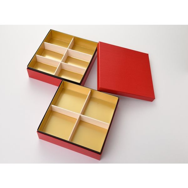 金色漆器重箱 赤色内側 金色漆器重箱 赤色内側 X 丸二段重箱 独楽文様 弁当箱/ランチ