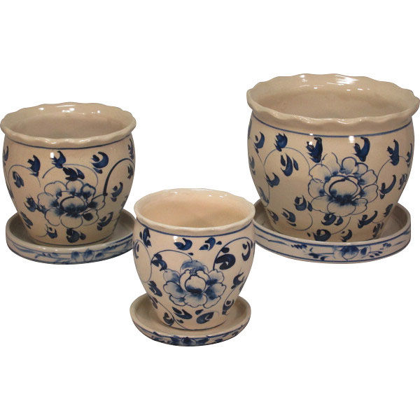 有限会社大和工業 陶器植木鉢3点セット(受皿付) 23-8250-670 1箱 有限会社大和工業 陶器植木鉢3点セット(受皿付) 23-8250-670 1箱