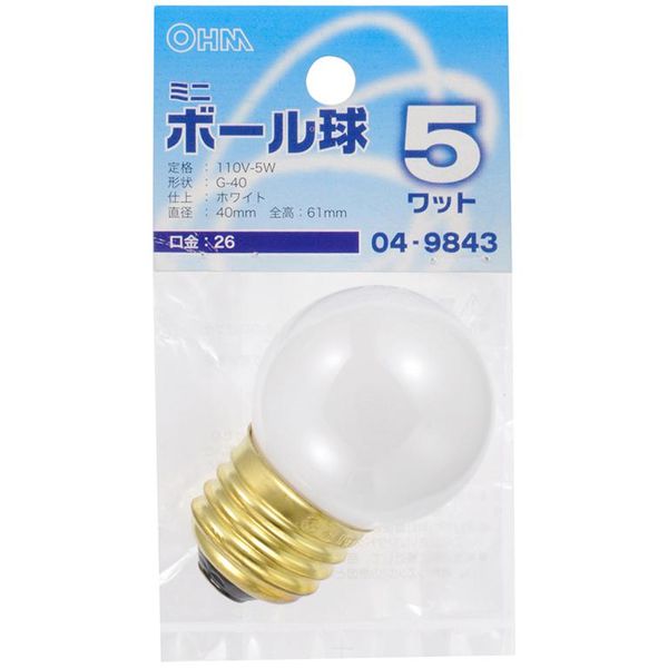 オーム電機 白熱電球 ミニボール球 G40 E26 ホワイト 5W 61mm LB-G4605-W 1セット(10個)（直送品）