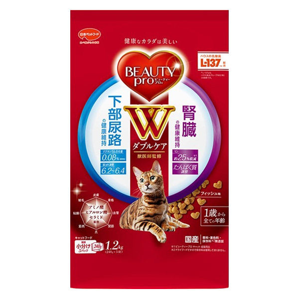 ビューティープロ キャット Wケア 下部尿路・腎臓の健康 1歳~ フィッシュ味 国産 1.2kg 1袋 キャットフード - アスクル