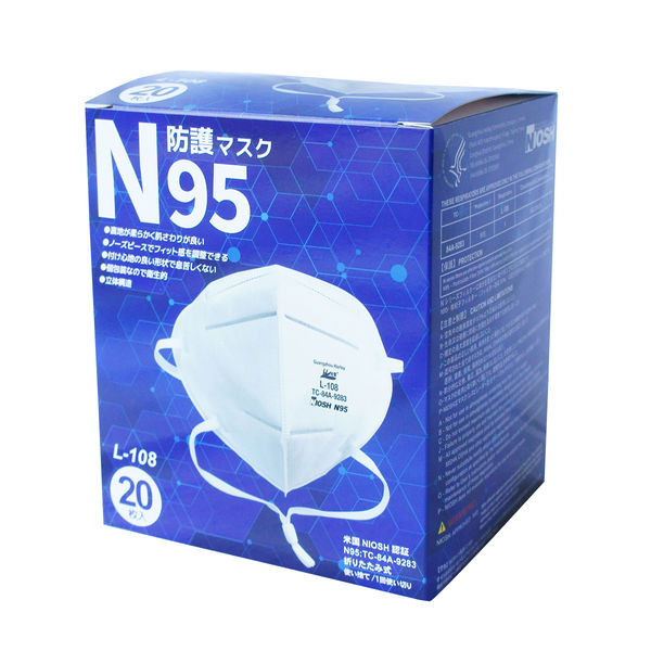 小野商事 N95 マスク 1箱20枚 米国NIOSH認定 折りたたみ型 L-108　1箱（20枚入）（直送品）