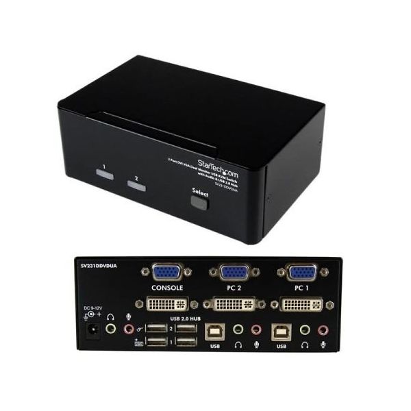 2ポートデュアルディスプレイ(DVI&VGA)対応KVMスイッチ オーディオ対応/USB2.0ハブ付 SV231DDVDUA 1個（直送品）