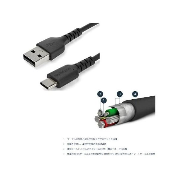 USBーAーUSBーC ケーブル/1m/USB 2.0/急速充電・データ転送/アラミド繊維補強/オス・オス/ブラック RUSB2AC1MB（直送品）