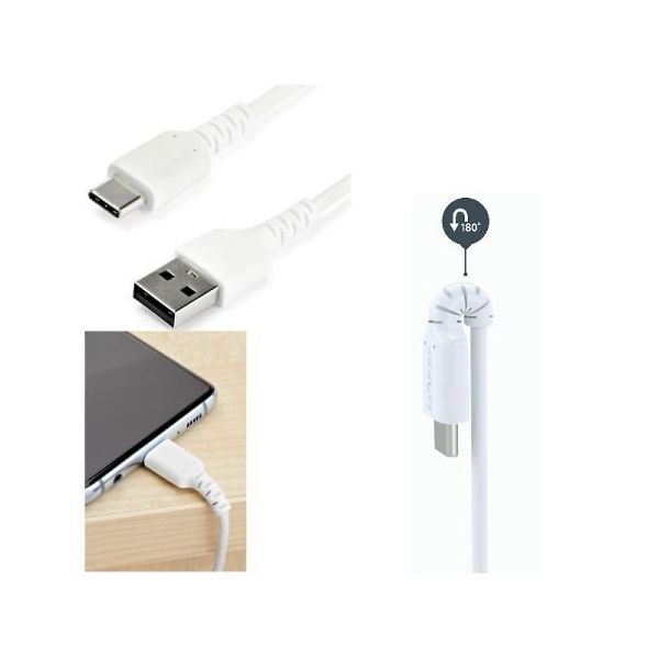 USBーAーUSBーC ケーブル/2m/USB 2.0/急速充電・データ転送/アラミド繊維補強/オス・オス/ホワイト RUSB2AC2MW（直送品）