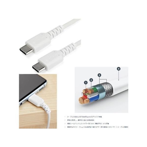 USBーC ケーブル/2m/USB 2.0/急速充電・データ転送/60W/アラミド繊維補強/オス・オス/ホワイト RUSB2CC2MW 1個（直送品）