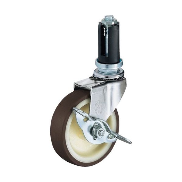 ハンマー パイプ差込み旋回式ウレタン車輪(ナイロンホイル)65mm φ22~24用 ストッパー付 4153EU-UR65 1個（直送品）