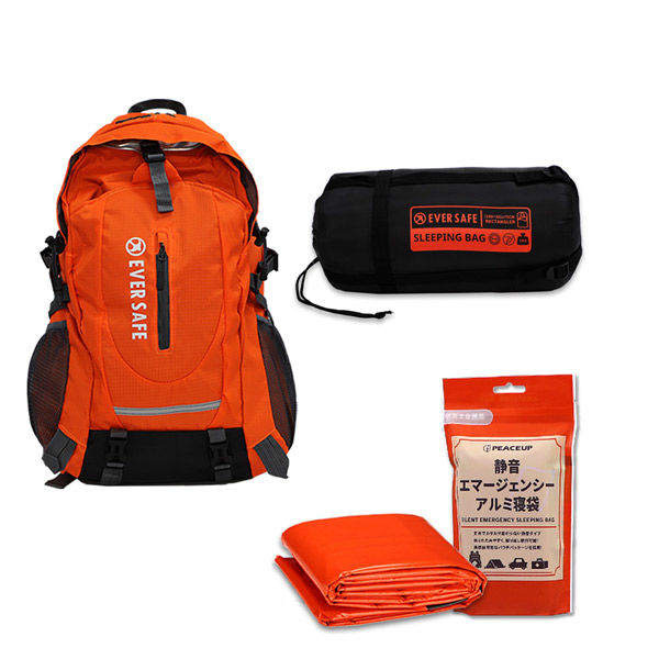 多機能リュック(オレンジ)＋封筒型寝袋(ブラック)＋静音アルミ寝袋  40-45L シュラフ 避難 災害 EVERSAFE（直送品）