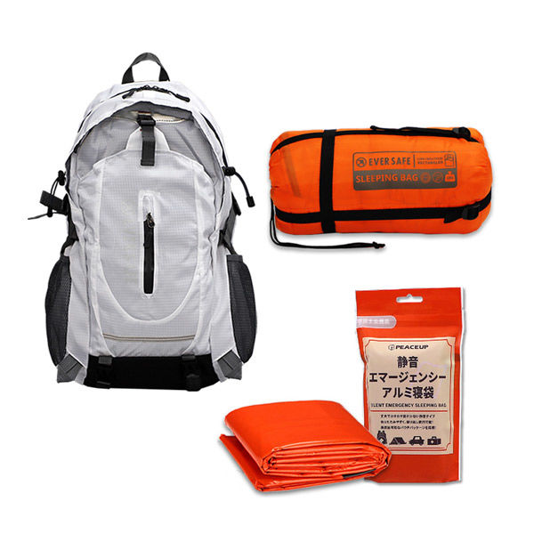 多機能リュック(ホワイト)＋封筒型寝袋(オレンジ)＋静音アルミ寝袋  40-45L シュラフ 避難 災害 EVERSAFE（直送品）