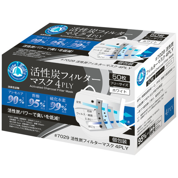 作業用マスク】 川西工業 活性炭マスク 4層マスク #7029 フリーサイズ ホワイト 1箱（50枚入） - アスクル