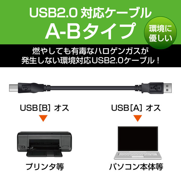 エレコム　USBケーブル（USB2.0対応）A-Bタイプ　3m　USB（A）[オス]-USB(B)[オス]　ブラック/RoHS指令準拠 　 USB2-ECO30